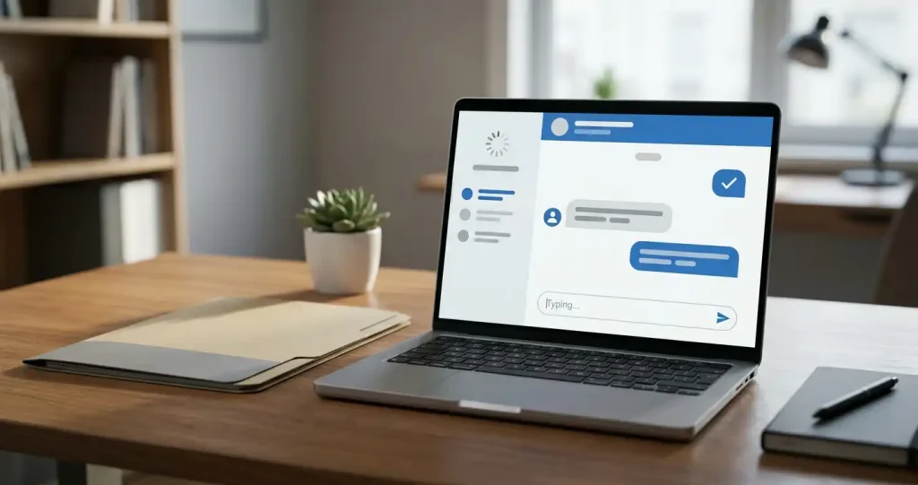 Identity document folder beside a laptop with a customer support chat window