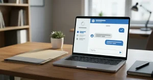 Identity document folder beside a laptop with a customer support chat window