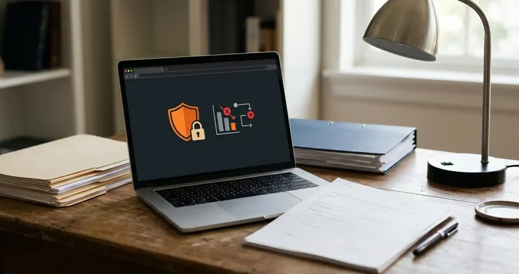 Laptop with a blocked browser panel beside neutral legal papers