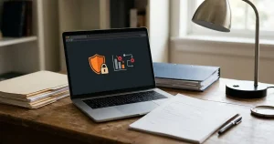 Laptop with a blocked browser panel beside neutral legal papers