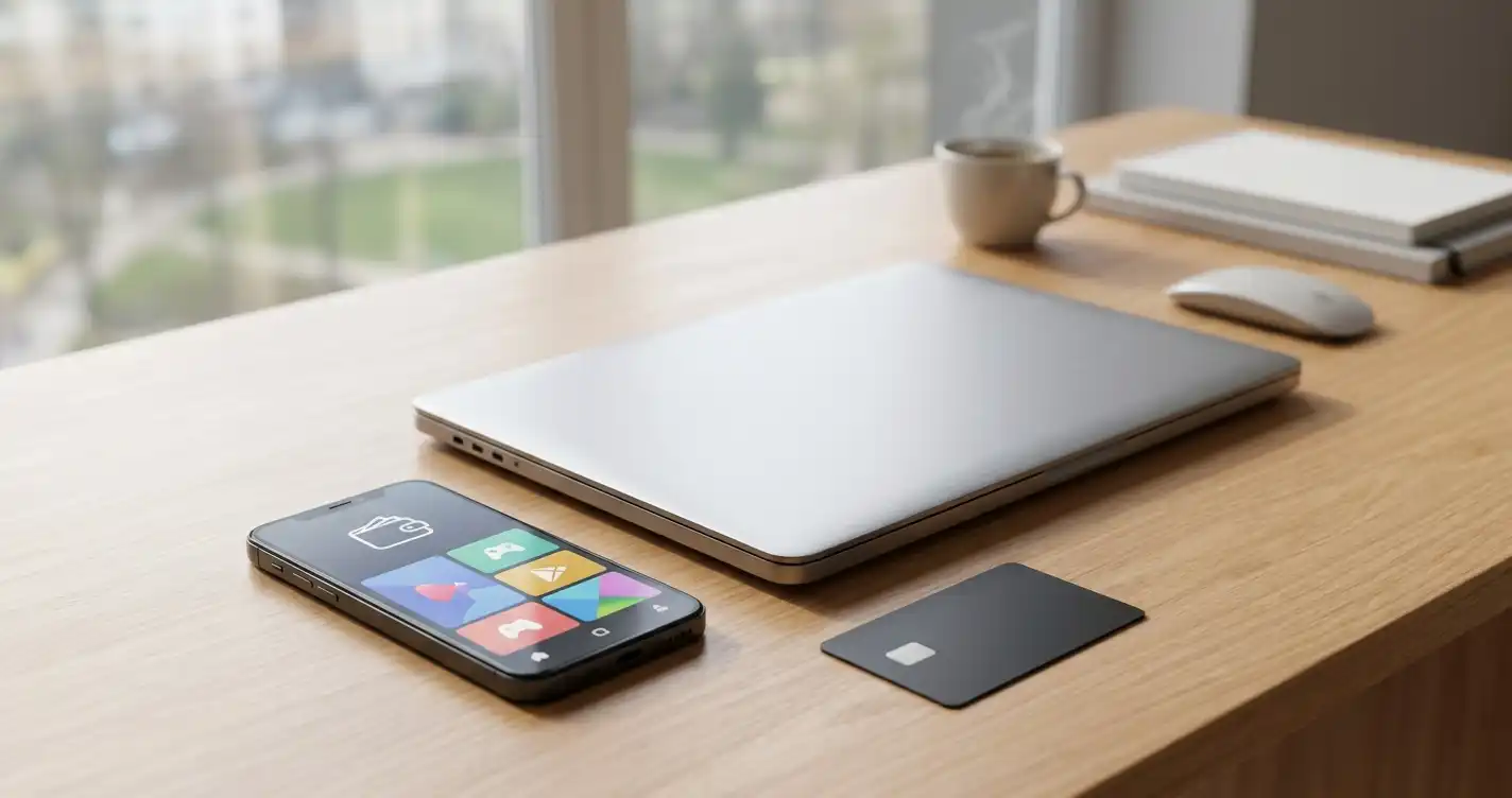 Laptop beside a bank card and phone with abstract gaming tiles