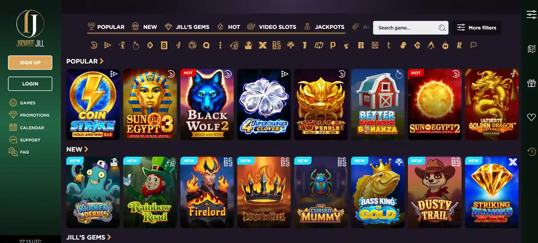Jackpot Jill game lobby with slot and live-table areas
