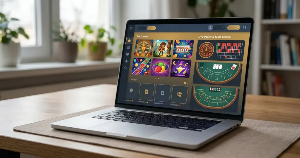 Casino game lobby with slot tiles and live table sections on a laptop