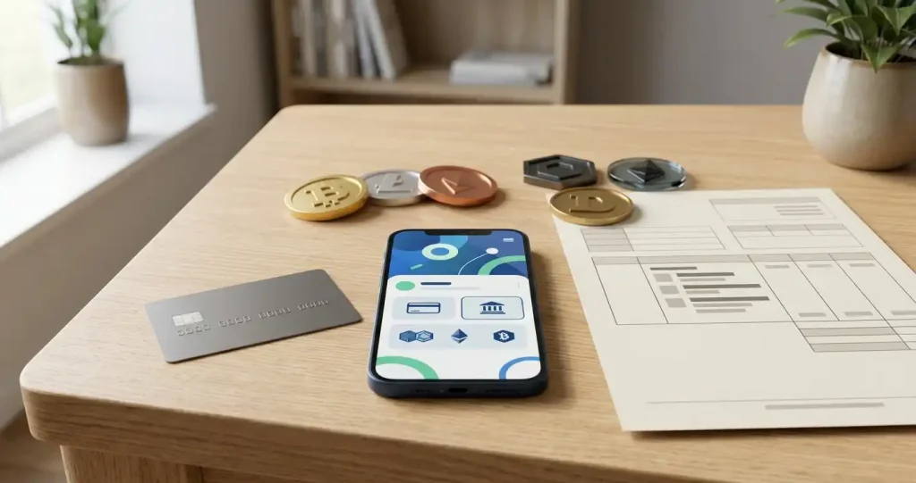 Bank card, phone wallet and abstract cryptocurrency tokens on a desk