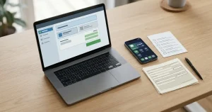 Withdrawal planning notes beside a laptop, bank-transfer form and abstract crypto wallet